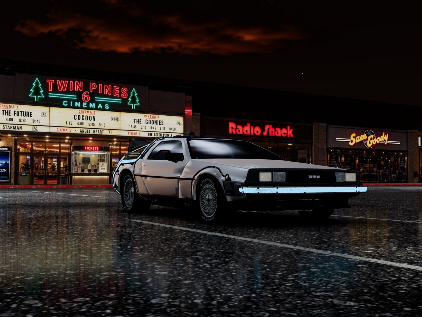 The DeLorean time machine parked in front of the Twin Pines cinemas at night