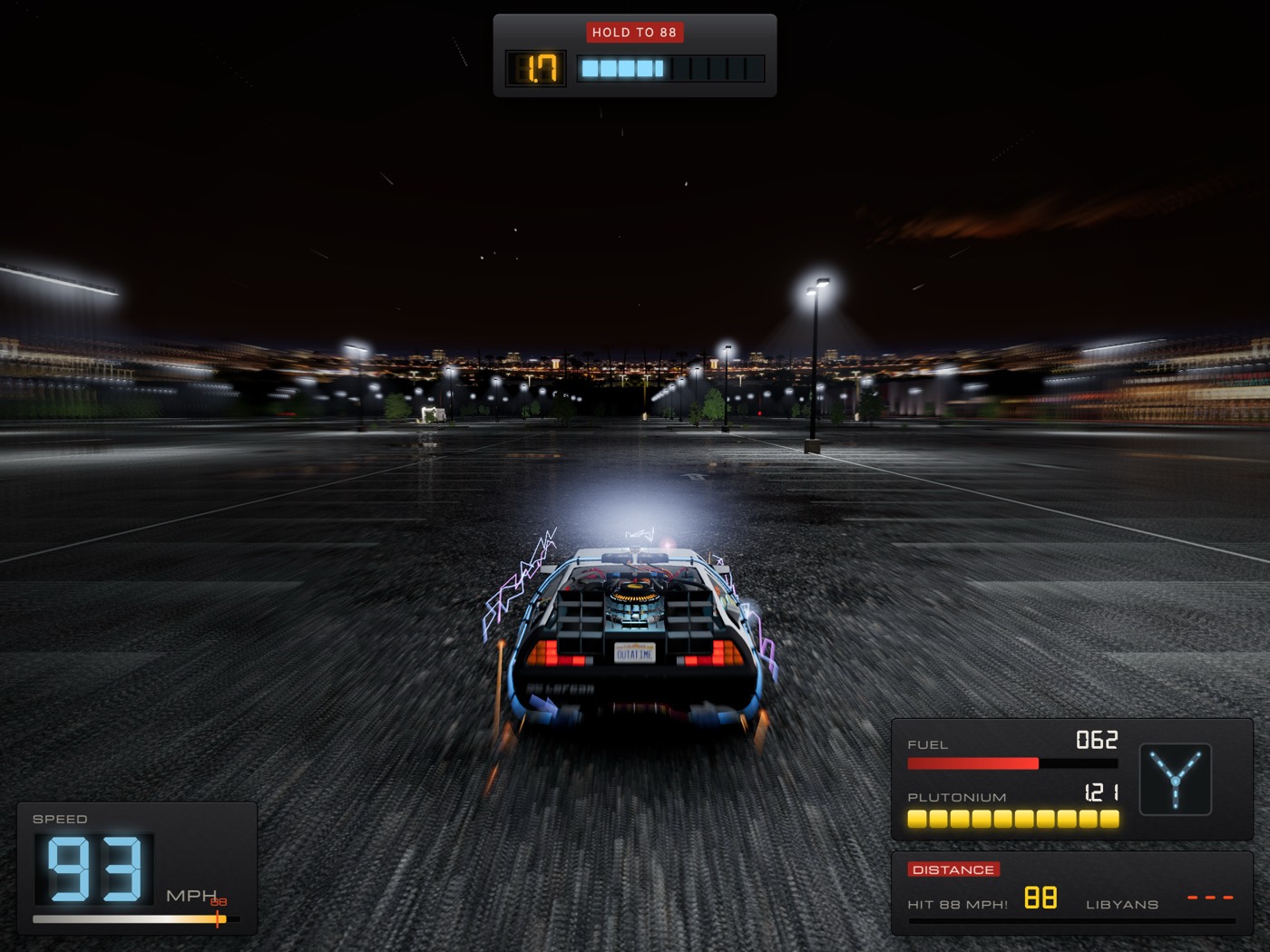 Gameplay: the DeLorean at 93 mph with the time circuits HUD