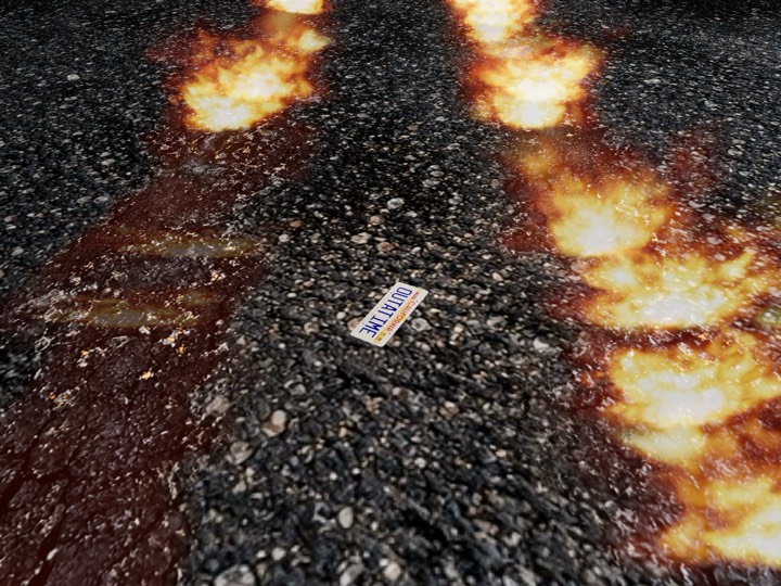 The license plate between the flames